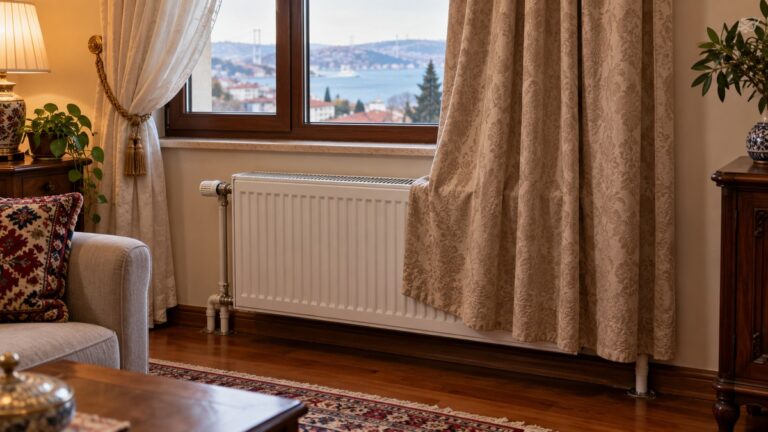 Pencere altındaki radyatörün önünden yana alınmış uzun perde